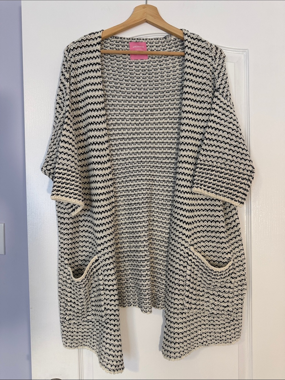 Pink woman Open-Front Black & White Knit Sweater Cardigan